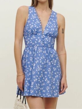 Reformation Isador Organic Cotton Blue Floral V-Neck Mini Dress Women’s Size 2